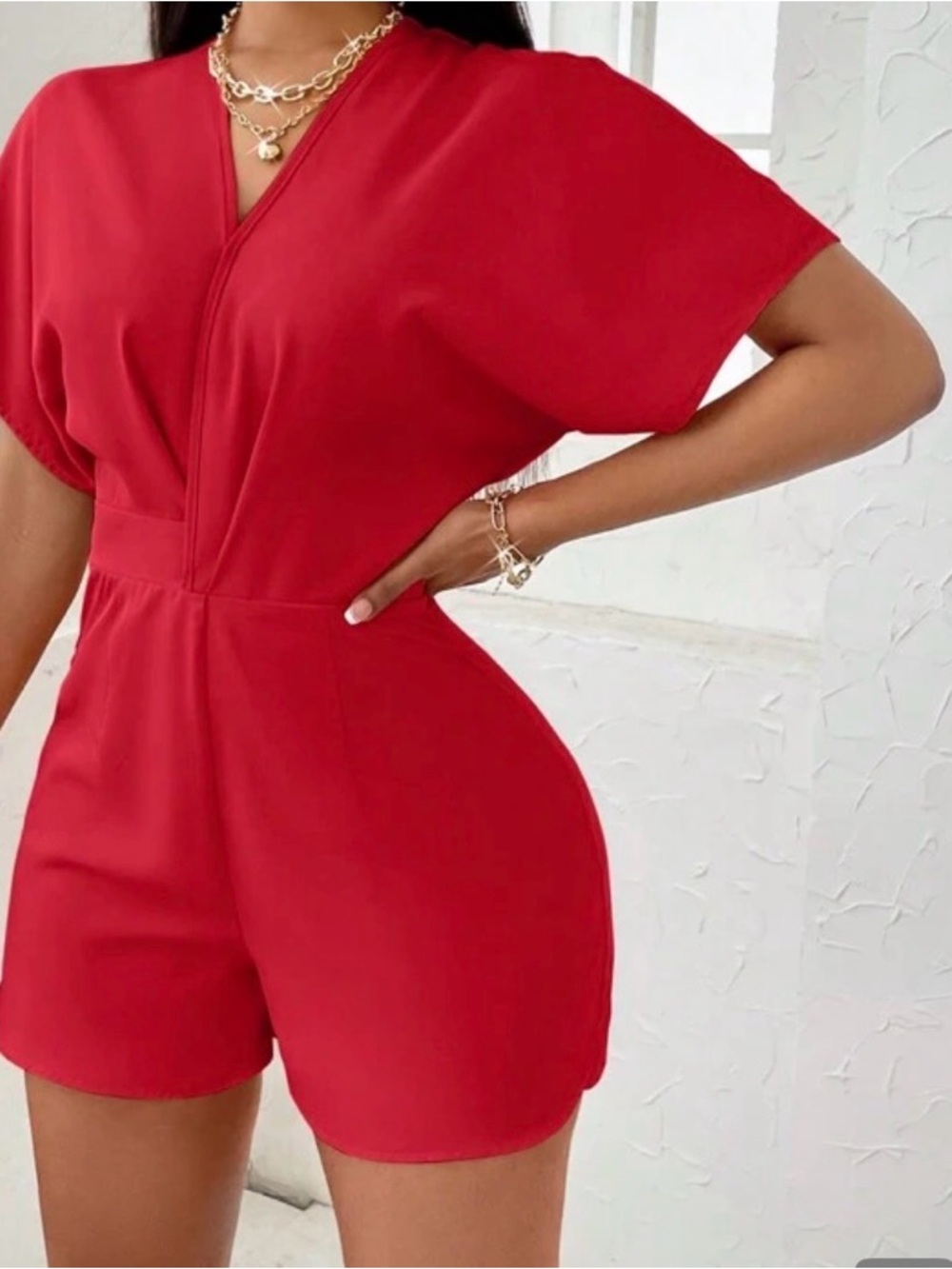 SHEIN Red V-Neck Short Sleeve Romper Jumpsuit